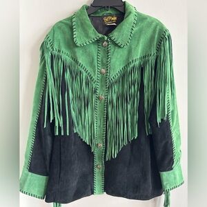 Vintage Bob Mackie “Wearable Art” leather Fringe jacket green/black flaws